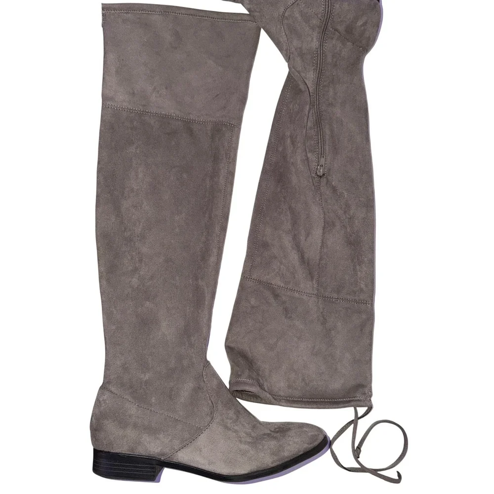 Womens 9.5 Tall Grey Faux Suede Boots Over the knee Flat Tie Back Missing string